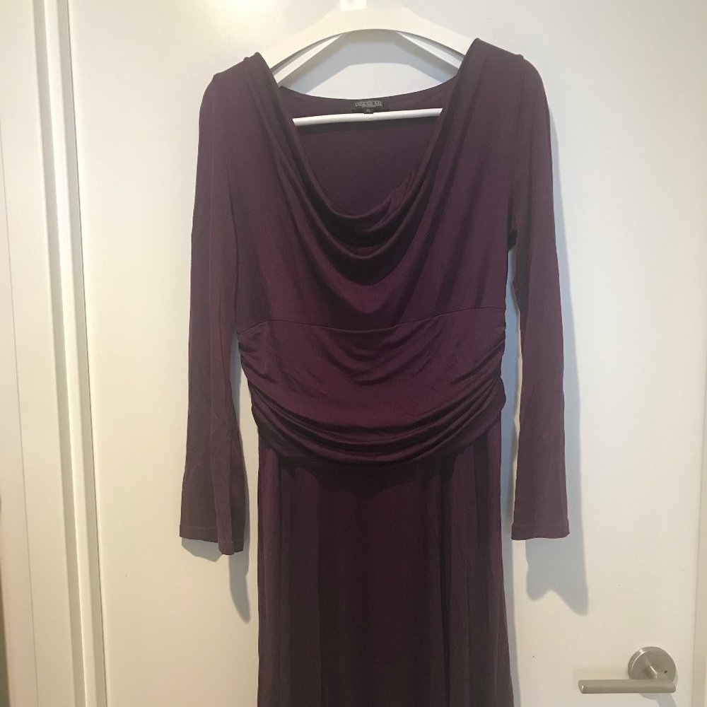 Purple silk cowl neck gathered waist dress, XL